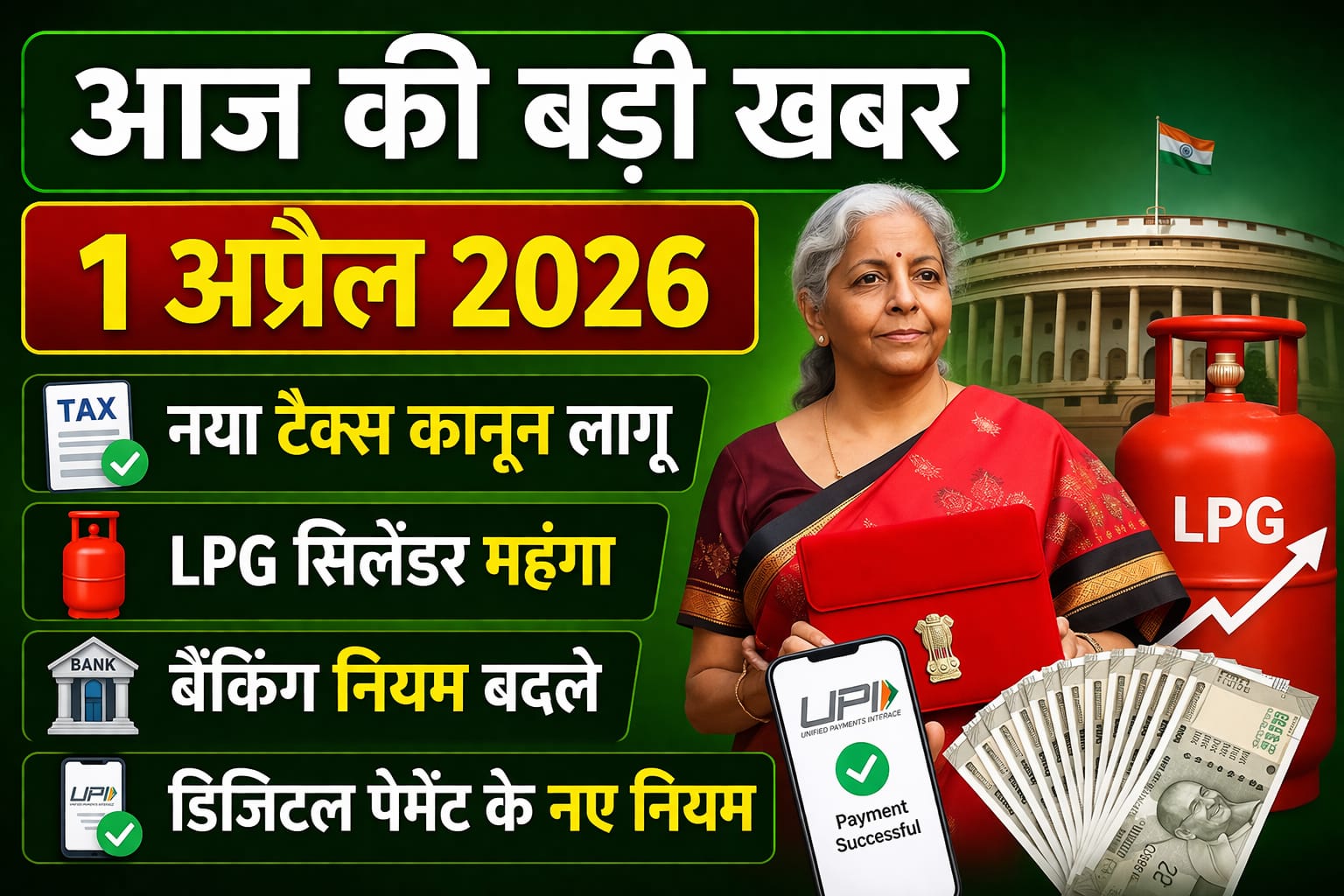 आज की बड़ी खबर 1 अप्रैल 2026 नया इनकम टैक्स कानून 2026 LPG सिलेंडर महंगा 2026 बैंकिंग और ATM के नए नियम 2026 डिजिटल पेमेंट के नए नियम 2026 India News Today April 2026 Breaking News Hindi April 2026
